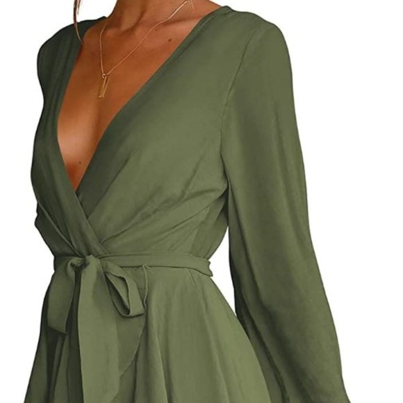 Womens Fit & Flare Boho Long Sleeve Mini Dress in Olive Green Size M - Picture 5 of 12